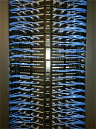 Clean network cabling in a large server rack.